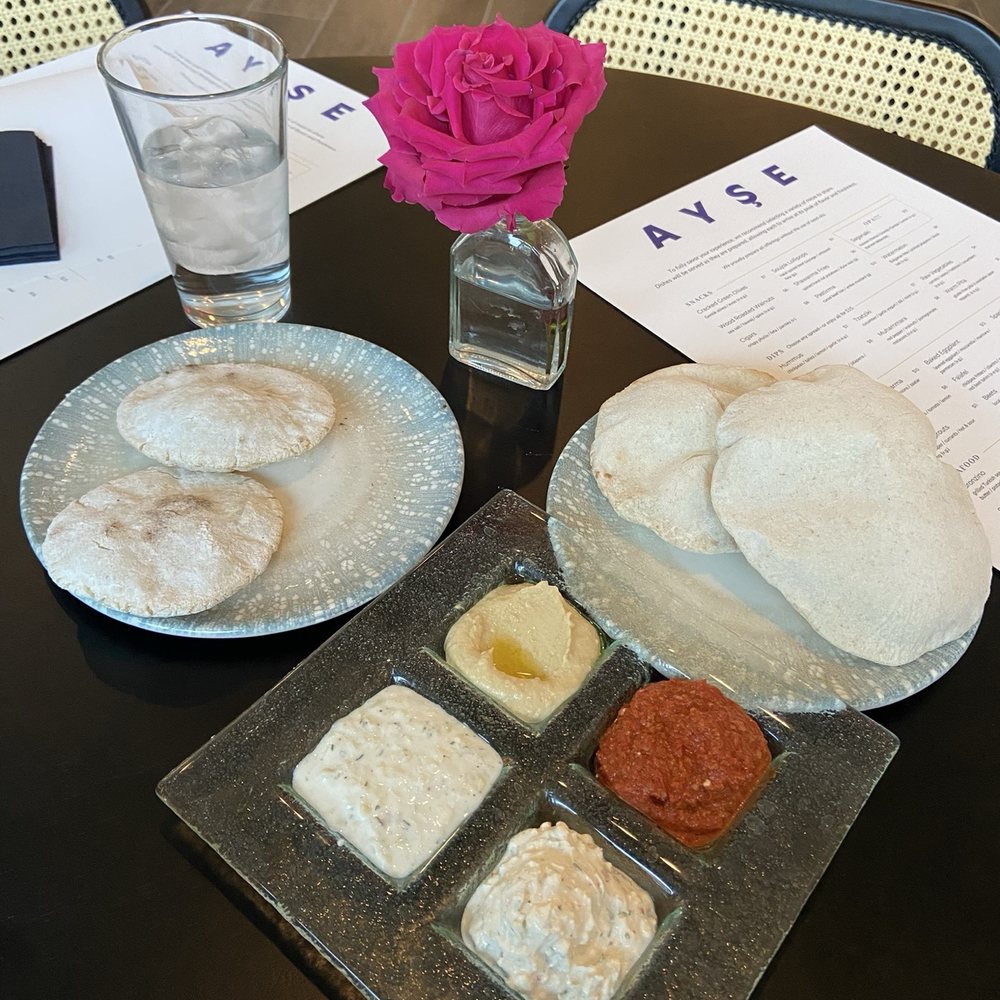 Ayse Meze Lounge - Dip Sampler with Gluten Free and Regular Pita - Mediterranean Near Me - Rockville, Maryland Ayse Meze Lounge - Dip Sampler with Gluten Free and Regular Pita - Mediterranean Near Me - Rockville, Maryland