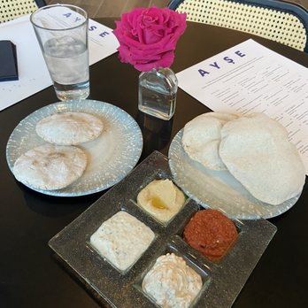 Ayse Meze Lounge - Dip Sampler with Gluten Free and Regular Pita - Mediterranean Near Me - Rockville, Maryland Ayse Meze Lounge - Dip Sampler with Gluten Free and Regular Pita - Mediterranean Near Me - Rockville, Maryland