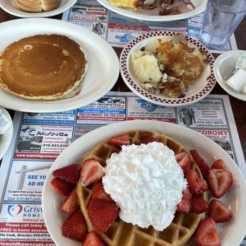 Double T Diner - Belgian Waffle with Strawberries and Whipped Cream, Pancakes, Scrambled Eggs, Bacon, Home Fries, Toast - Diners Near Me - Annapolis, Maryland