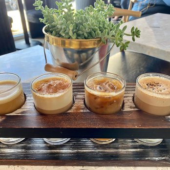 Founders Coffee - St Rose - Coffee Flight in January- Left to Right- Bulletproof Cold Brew, Horchata Latte, Hazelnut Nut Caramel Macchiato, & Oreo Latte - Coffee & Tea Near Me - Henderson, Nevada Founders Coffee - St Rose - Coffee Flight in January- Left to Right- Bulletproof Cold Brew, Horchata Latte, Hazelnut Nut Caramel Macchiato, & Oreo Latte - Coffee & Tea Near Me - Henderson, Nevada