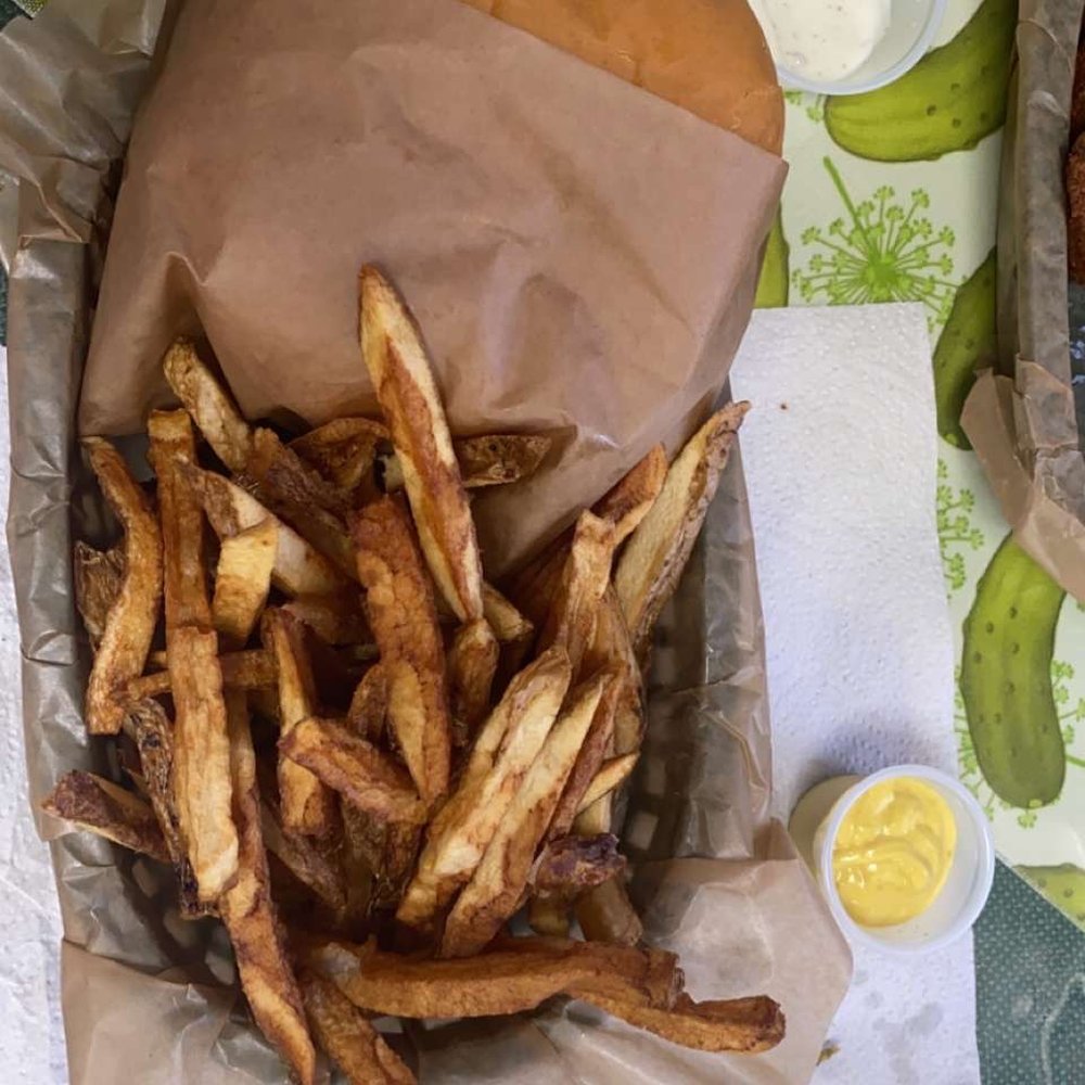 Green Pickle Grill - Swiss and mushroom burger with hand cut fries. - Burgers Near Me - Glen Rose, Texas Green Pickle Grill - Swiss and mushroom burger with hand cut fries. - Burgers Near Me - Glen Rose, Texas