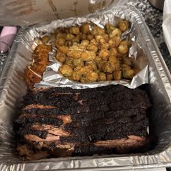 The Saucy Pig - 2 pounds of brisket, half pound of chicken and okra.