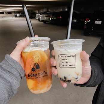 A Day Cafe - Four seasons fruit tea + jasmine milk tea w bubbles - Coffee & Tea Near Me - Richardson, Texas