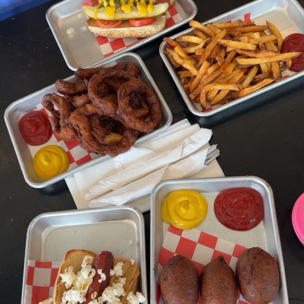 Clowndog Hot Dog Parlor - Coney dog, fries, union rings, cheese dipped in corn dog batter, hot dog with peanut butter (they forgot jelly) and popcorn - Hot Dogs Near Me - Albuquerque, New Mexico Clowndog Hot Dog Parlor - Coney dog, fries, union rings, cheese dipped in corn dog batter, hot dog with peanut butter (they forgot jelly) and popcorn - Hot Dogs Near Me - Albuquerque, New Mexico
