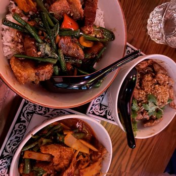 Same Same Thai - Khao Mu Grob Kapow (Kapow Style Pork Belly), Katieam Wok (crispy garlic and black pepper) and kaeng pa (jungle curry) - Wine Bars Near Me - Los Angeles, California