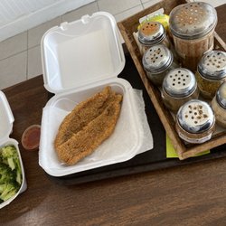 La Seafood Market - Fried Snapper & Broccoli. + all the seasonings they provide to spice up your sides.