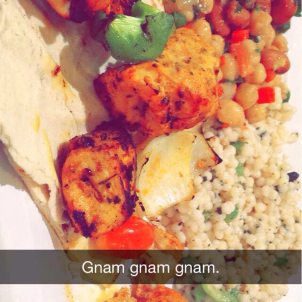 Sult'an Pepper - Memorial - Chicken kabob with couscous and chickpea salad. - Mediterranean Near Me - Houston, Texas Sult'an Pepper - Memorial - Chicken kabob with couscous and chickpea salad. - Mediterranean Near Me - Houston, Texas