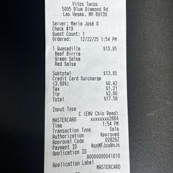 Vitos Tacos - Receipt - Mexican Near Me - Enterprise, Nevada