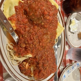 Filippi's Pizza Grotto - Pasta combo.  Spaghetti, BEEF RAVIOLI, LASAGNA, with meat sauce equals DELIZIOSO !    :) - Italian Near Me - Napa, California