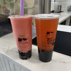 Hy Fresh Tea - Guava slush on the right, sunset Fruit tea on the left