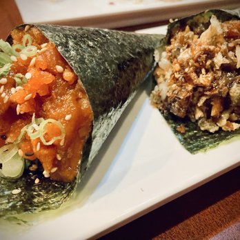 Minato Sushi & Bar - (L) Spicy Tuna handroll; (R) Salmon Skin handroll - Sushi Bars Near Me - Reno, Nevada Minato Sushi & Bar - (L) Spicy Tuna handroll; (R) Salmon Skin handroll - Sushi Bars Near Me - Reno, Nevada