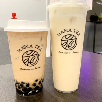 Hana Tea - 3/15/19- (Right) medium classic milk tea with boba, (Left) large jasmine milk tea with cheese foam - Bubble Tea Near Me - Honolulu, Hawaii Hana Tea - 3/15/19- (Right) medium classic milk tea with boba, (Left) large jasmine milk tea with cheese foam - Bubble Tea Near Me - Honolulu, Hawaii
