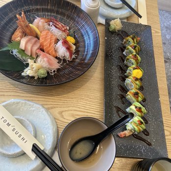 Tom Sushi - Miso soup, assorted sashimi and caterpillar roll - Sushi Bars Near Me - Vancouver, British Columbia