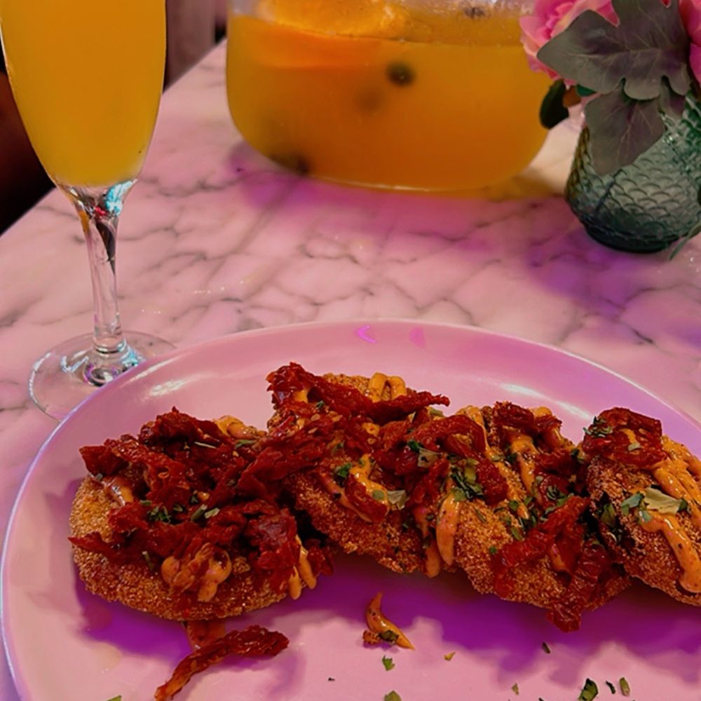 Mosa Restaurant and Bar - Fried green tomatoes ft purse mimosa - Breakfast & Brunch Near Me - Atlanta, Georgia