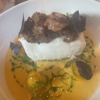 San Morello - Olive Oil Poached Halibut with "Gazpacho" and Sungold Tomato - Italian Near Me - Detroit, Michigan San Morello - Olive Oil Poached Halibut with "Gazpacho" and Sungold Tomato - Italian Near Me - Detroit, Michigan