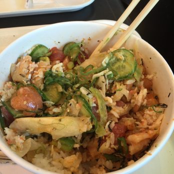 Poki One N Half - White rice, everything add on, salmon, shrimp, tuna, spicy poke sauce, every topping except jalapeño and edamame. So delicious - Poke Near Me - San Diego, California Poki One N Half - White rice, everything add on, salmon, shrimp, tuna, spicy poke sauce, every topping except jalapeño and edamame. So delicious - Poke Near Me - San Diego, California