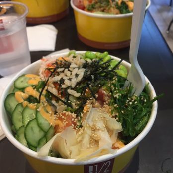 Poki One N Half - Regular bowl with 2 scoops of salmon, one scoop of tuna, every add-on except jalapeño and wasabi, drizzled with spicy mayo - Poke Near Me - San Diego, California
