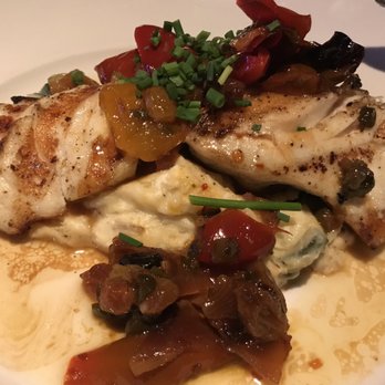 Seasons 52 - Halibut (spring menu) zucchini mash, peppers, raisins - New American Near Me - Troy, Michigan