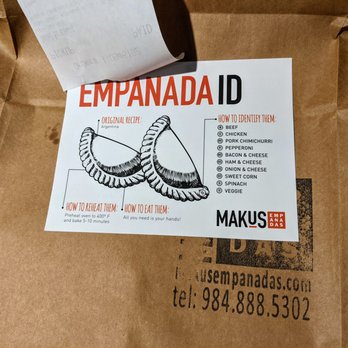 Makus Empanadas - Empanada ID card taped to my takeout order brown bag. Nice. - Empanadas Near Me - Durham, North Carolina