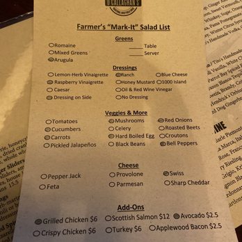 Sean O'Callaghan's - Farmer's "Mark It" Salad order slip - American Near Me - Plymouth, Michigan Sean O'Callaghan's - Farmer's "Mark It" Salad order slip - American Near Me - Plymouth, Michigan