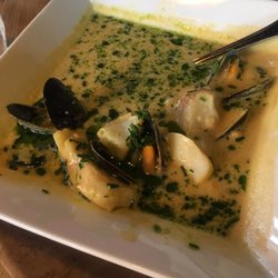 Jakobs Cafe & Bar - The fish soup after we dived in. Delicate white fish, succulent salmon, tender mussels, dappled with green oil.