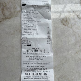 Wingstop - Receipt - Chicken Wings Near Me - Redlands, California
