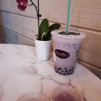 BAMBU - I think the orchids are real on the table.  I ordered the  Taro Milk Tea Individual and Passion Fruit and Salted Caramel Mochi Ice Creams - Juice Bars & Smoothies Near Me - Madison, Wisconsin