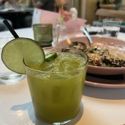 Mezcal with special green juice and Brussels sprouts with mushrooms in a light curry sauce. Mezcal with special green juice and Brussels sprouts with mushrooms in a light curry sauce.