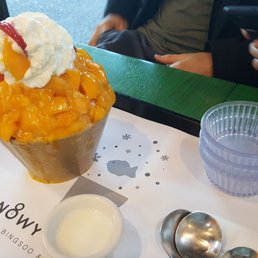 Tray as served with mango strawberry yoghurt shaved ice. Large size. Plenty for three of us.