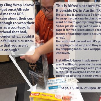 The UPS Store - A candid moment Alfredo taping my cling wrap down. He was willing to spare tape, but not UPS-grade plastic wrap. - Shipping Centers Near Me - Austin, Texas The UPS Store - A candid moment Alfredo taping my cling wrap down. He was willing to spare tape, but not UPS-grade plastic wrap. - Shipping Centers Near Me - Austin, Texas