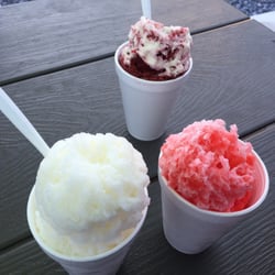 Pelican's SnoBalls - Snow cream (left), fruity pebbles with marshmallow (top) and dragons blood (right).