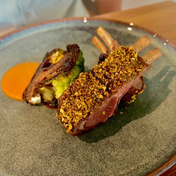 Heritage - Lamb rack with honey nut, romanesco, crusted with pistachios - Modern European Near Me - Long Beach, California Heritage - Lamb rack with honey nut, romanesco, crusted with pistachios - Modern European Near Me - Long Beach, California