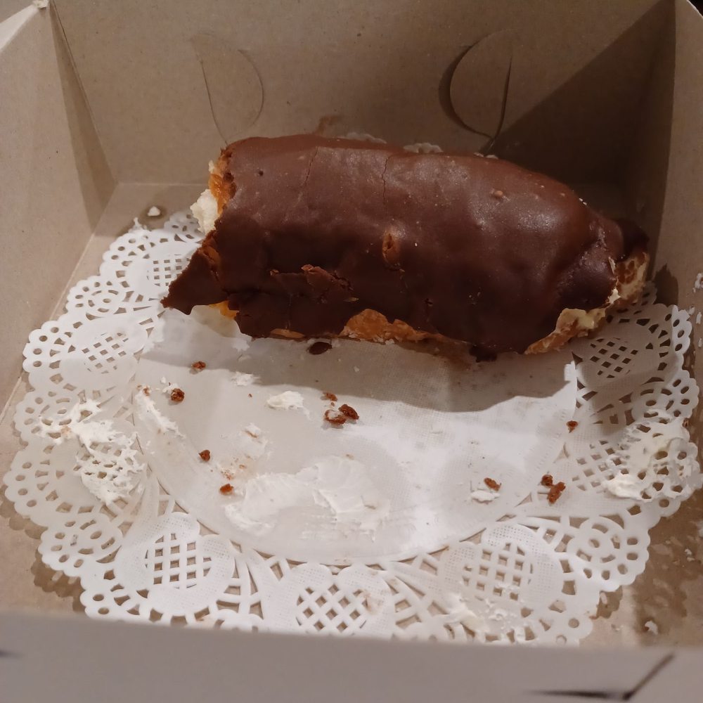 Buttercream filled chocolate long john! Buttercream filled chocolate long john!