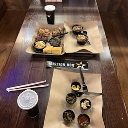 3 meat sampler, 2 sides, and caramel bread pudding.