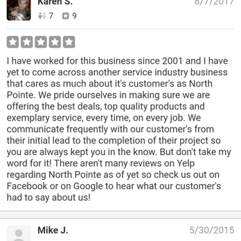 North Pointe Painting & Carpentry - Owner writing their own review for the business. Lying saying there an employee. If someone lies about something small like this....? - Painters Near Me - West Bloomfield, Michigan North Pointe Painting & Carpentry - Owner writing their own review for the business. Lying saying there an employee. If someone lies about something small like this....? - Painters Near Me - West Bloomfield, Michigan
