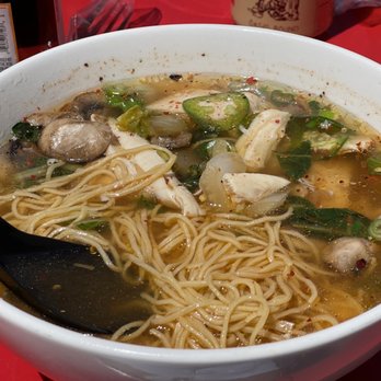 Noodle-Ly - Chicken noodles that I added chili paste and jalapeños - Noodles Near Me - Mammoth Lakes, California