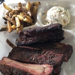 Chop - 3 rib plate $9. 2 sides - potato salad & fries. Ribs were awesome. Fries awesome - made fresh. Poto Salad too much Mayo