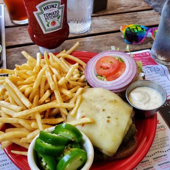 Barnaby's Cafe - The green chilli burger with some ridiculously fresh jalapenos on the side - American Near Me - Houston, Texas