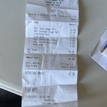 Yokozuna - the receipt for the restaurant - Sushi Bars Near Me - Oxnard, California Yokozuna - the receipt for the restaurant - Sushi Bars Near Me - Oxnard, California