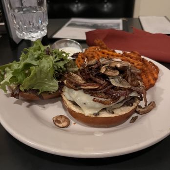 Old Granite Street Eatery - Mushroom Burger with grilled onions added With a side of sweet potato fries - New American Near Me - Reno, Nevada Old Granite Street Eatery - Mushroom Burger with grilled onions added With a side of sweet potato fries - New American Near Me - Reno, Nevada