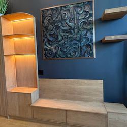 S&A Quality Pro Services - Custom cabinets build bench with drawers underneath curved shelves and floating shelves