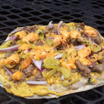 Grillizza - Our Chicago.....whole grain mustard sauce, local sausage, mild banana peppers, red onion, & cheddar cheese - Pizza Near Me - Broadway, Virginia Grillizza - Our Chicago.....whole grain mustard sauce, local sausage, mild banana peppers, red onion, & cheddar cheese - Pizza Near Me - Broadway, Virginia