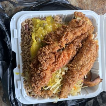 Chance's Caribbean restaurant and Bakery - Fried fish with gravy and rice and peas - Caribbean Near Me - Saint Albans, New York