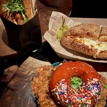 Double Chicken Please - Hot Honey Sandwich, Mochi Donut Sandwich, Bolognese Grilled Cheese - Cocktail Bars Near Me - New York, New York Double Chicken Please - Hot Honey Sandwich, Mochi Donut Sandwich, Bolognese Grilled Cheese - Cocktail Bars Near Me - New York, New York
