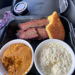 Dry brisket sweet potato pone, coleslaw