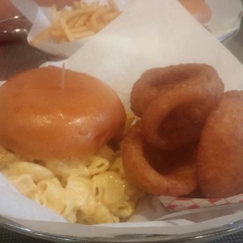 Ty's Burger House - Bacon mac and cheese burger and onion rings - Burgers Near Me - Oceanside, California