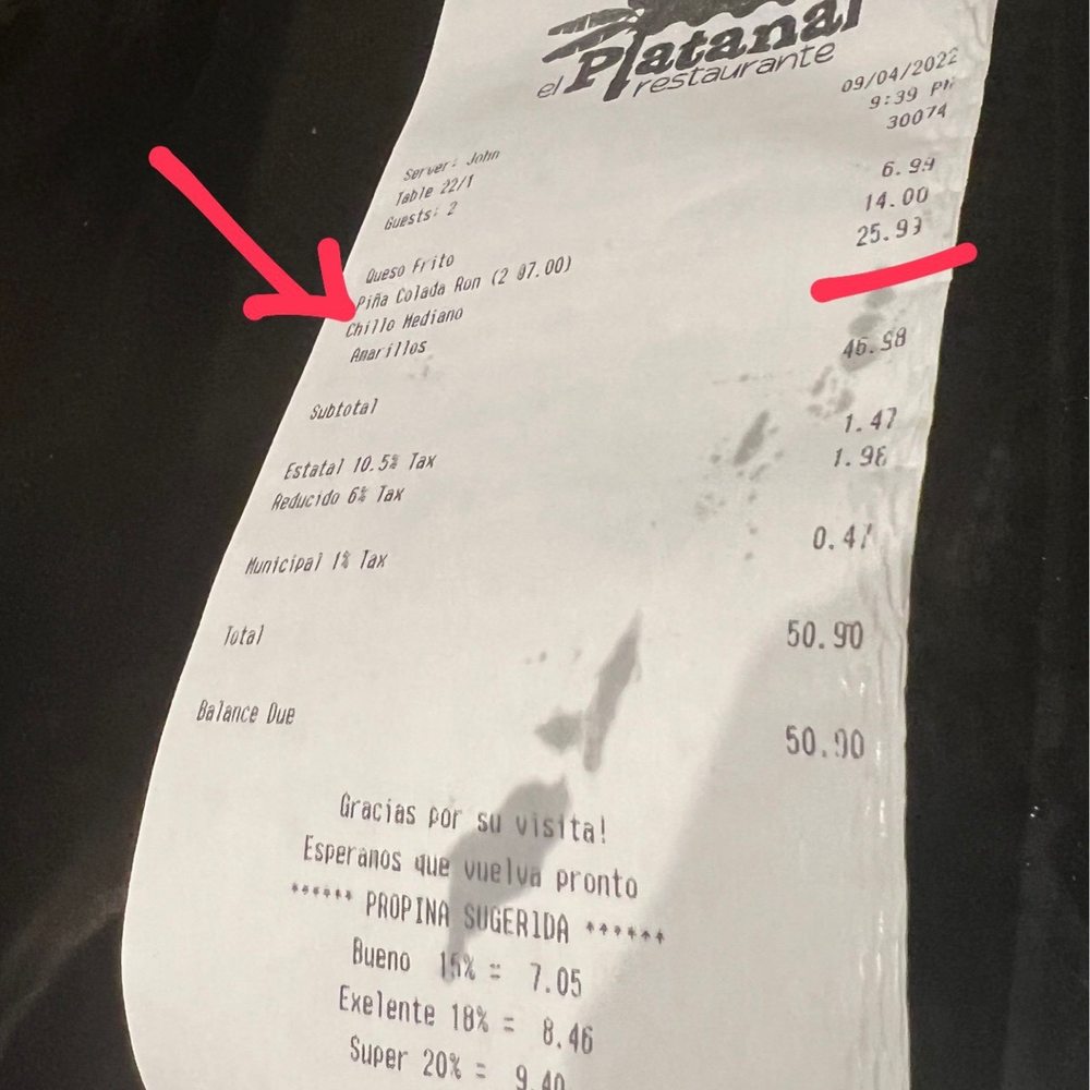 El Platanal - Expected to pay because I ate the fish (before seeing the parasite). - Puerto Rican Near Me - San Juan, Puerto Rico