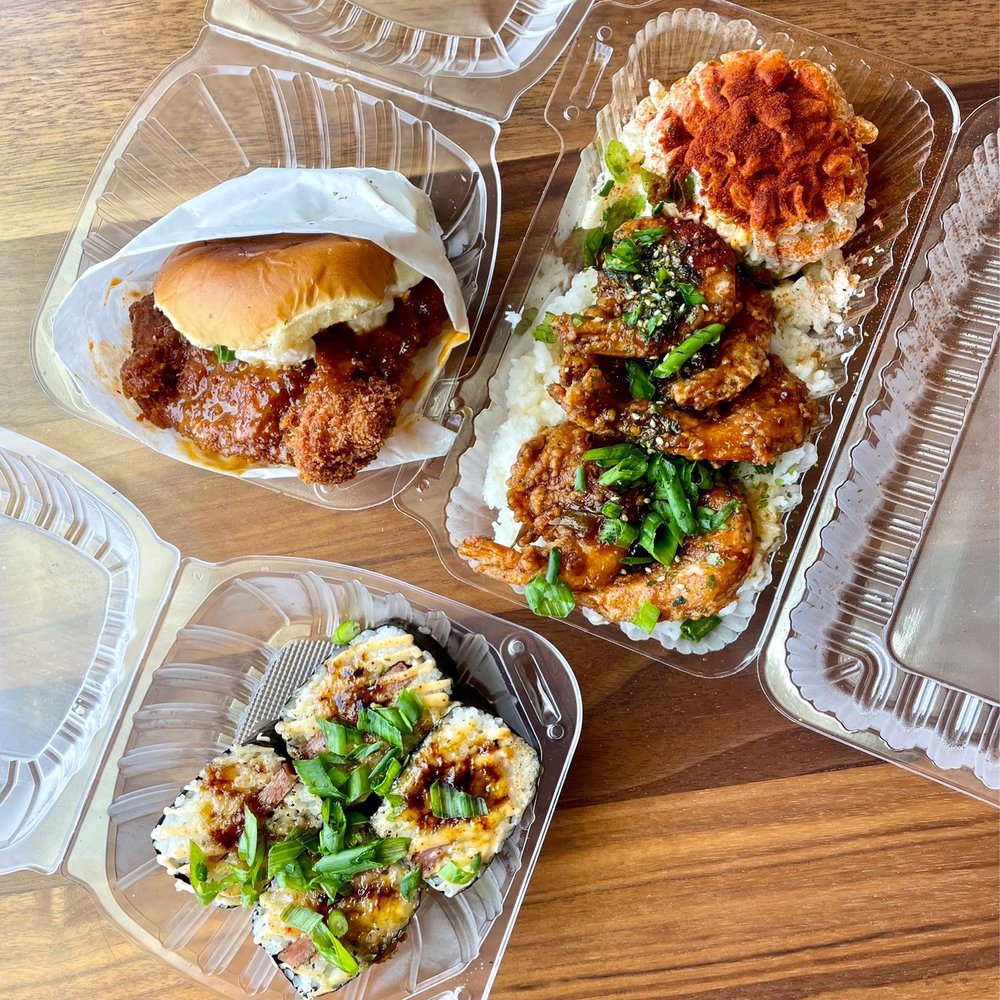 Shootz - Jalapeno Garlic Shrimp Kimchi Butter Katsu Chicken Spam Brulee Musubi - Hawaiian Near Me - Stanton, California Shootz - Jalapeno Garlic Shrimp Kimchi Butter Katsu Chicken Spam Brulee Musubi - Hawaiian Near Me - Stanton, California
