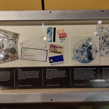 Money Museum - money examples - A display case contains cash, checks, credit cards, and informational panels about currency and banking at the Money Museum in Chicago. - Museums Near Me - Chicago, Illinois