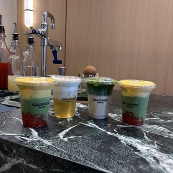 Off-Peak Coffee - left to right: strawberry mango matcha, mollyye, matcha latte, strawberry mango matcha - Coffee & Tea Near Me - Flushing, New York